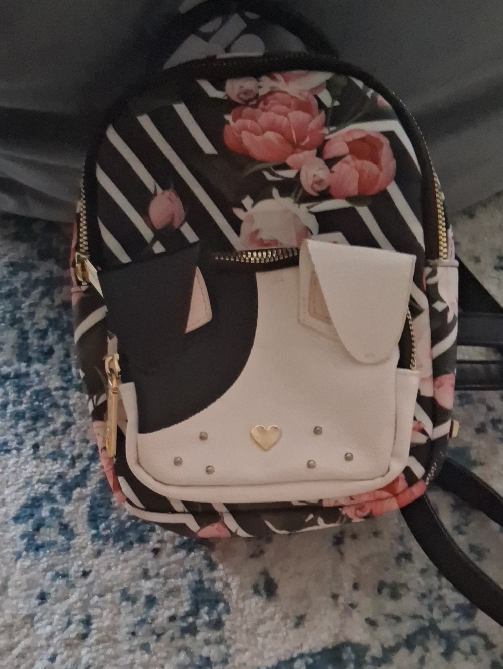 Betsy Johnson Mini Floral Striped Backpack Handbag - Black & Pink